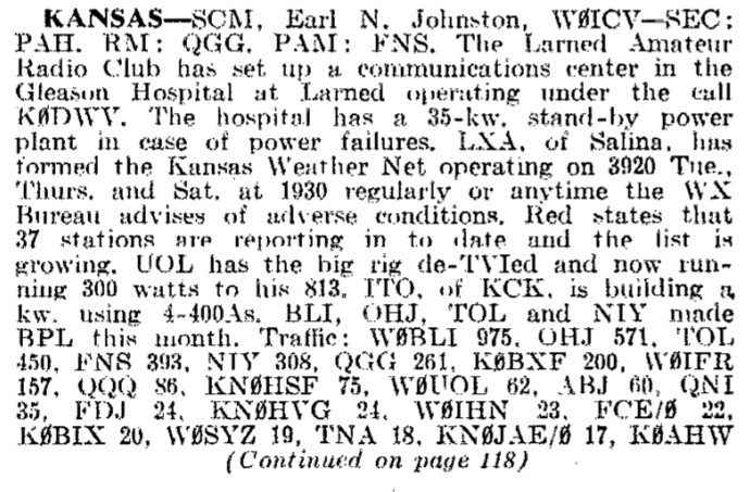 Scan from July 1957 QST Kansas Section News mentioning the formation of the Kansas Weather Net.