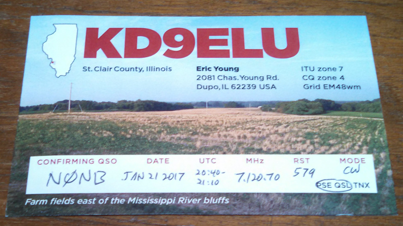 The confirmation post card received from Eric, KD9ELU, commemorating my first contact made with my Bayou Jumper.