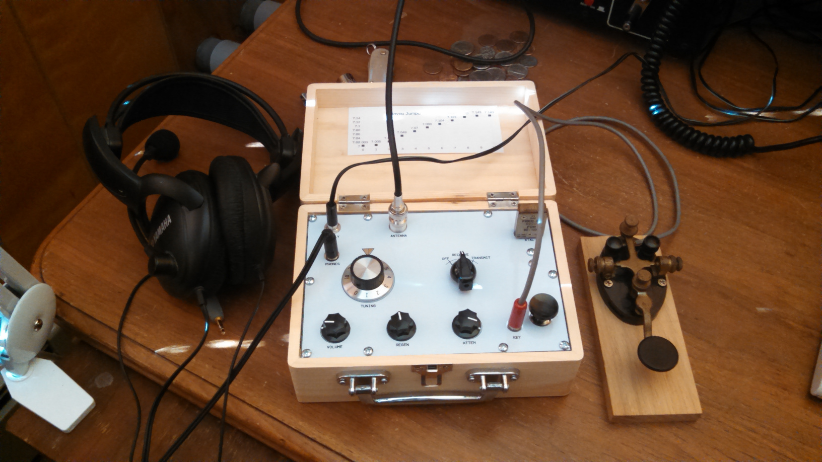 The completed Bayou Jumper set up for a contact with KD9ELU with headphones and external telegraph key.