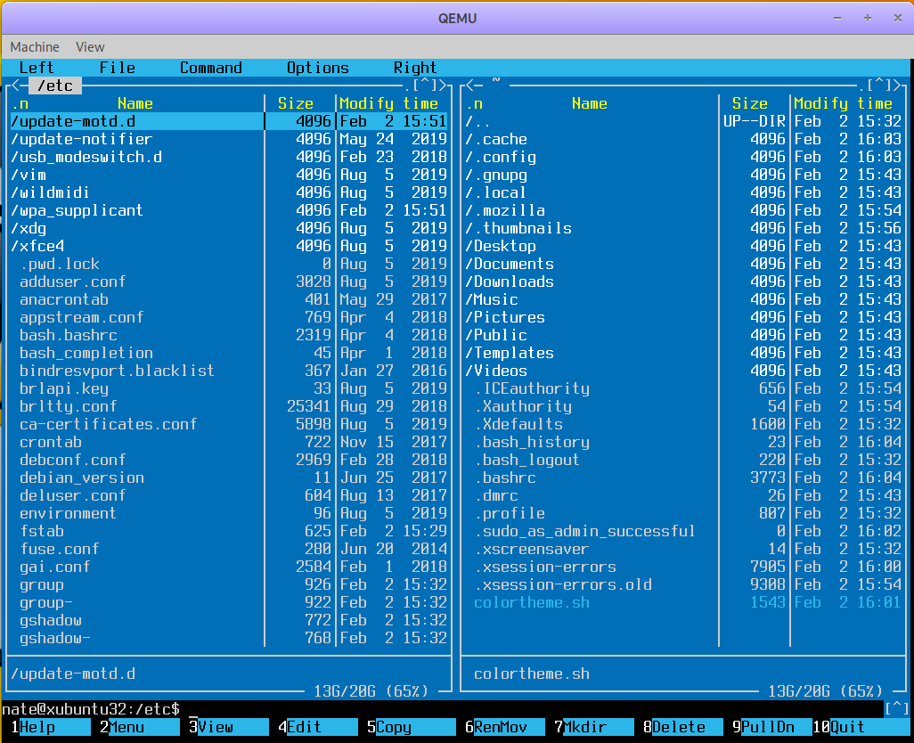 Screen capture of Midnight Commander in an Xubuntu Linux console.