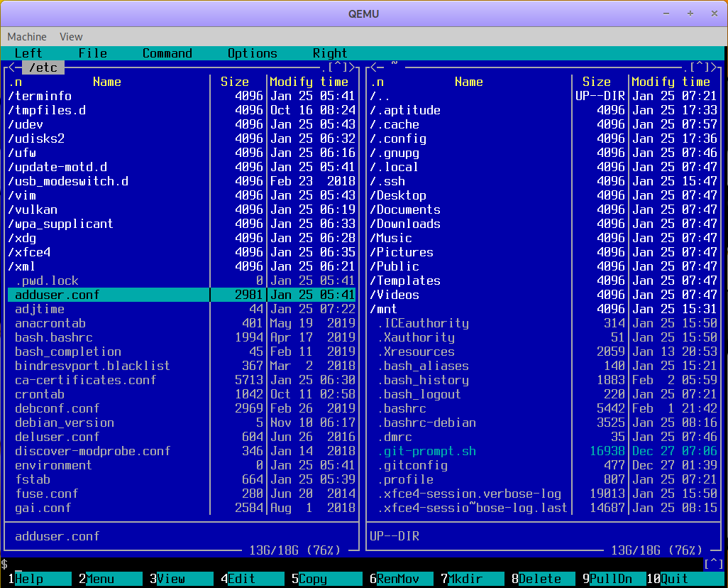 Screen capture of Midnight Commander in a Debian Linux console.