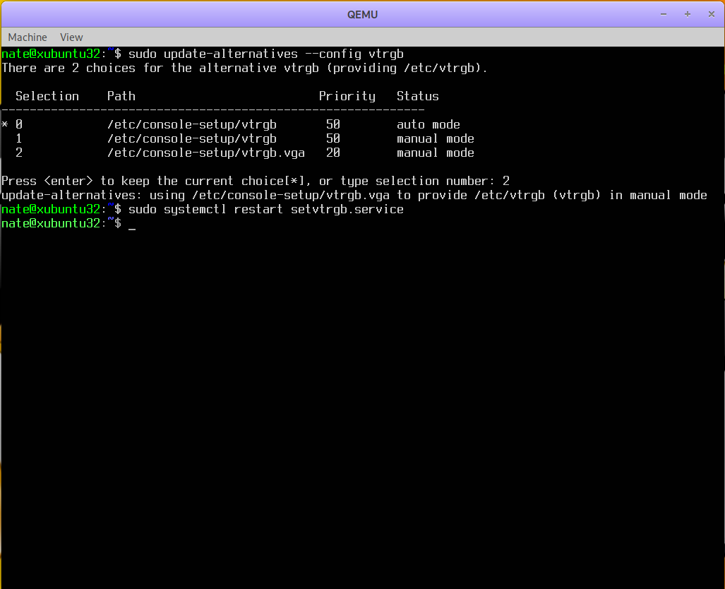 Screen capture showing the command to set the Xubuntu console to the VGA color pallette