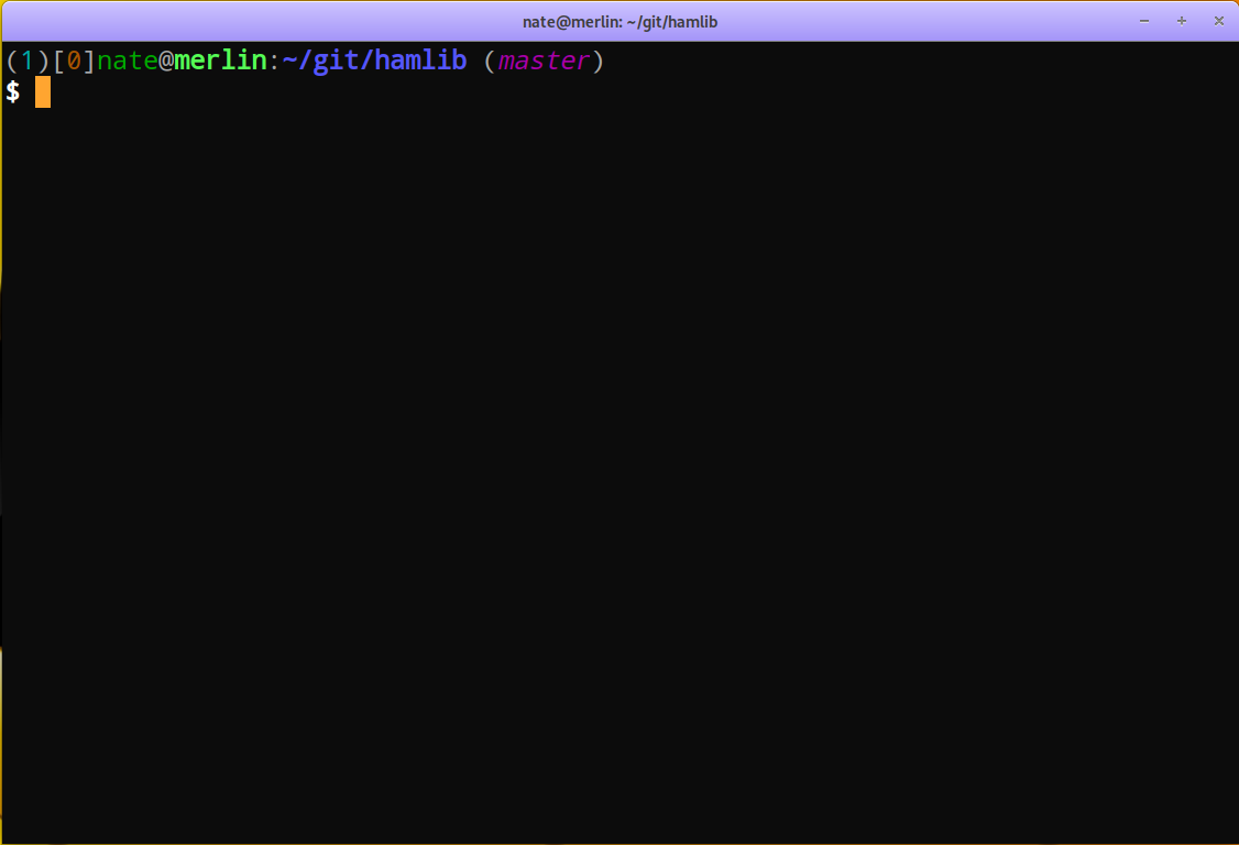 Screen capture of a GNOME Terminal session showing the colored prompt in a directory with a Git tree showing its branch and other status.