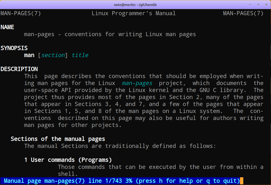 Screen capture of a custom color scheme for manual pages in a GNOME Terminal session.