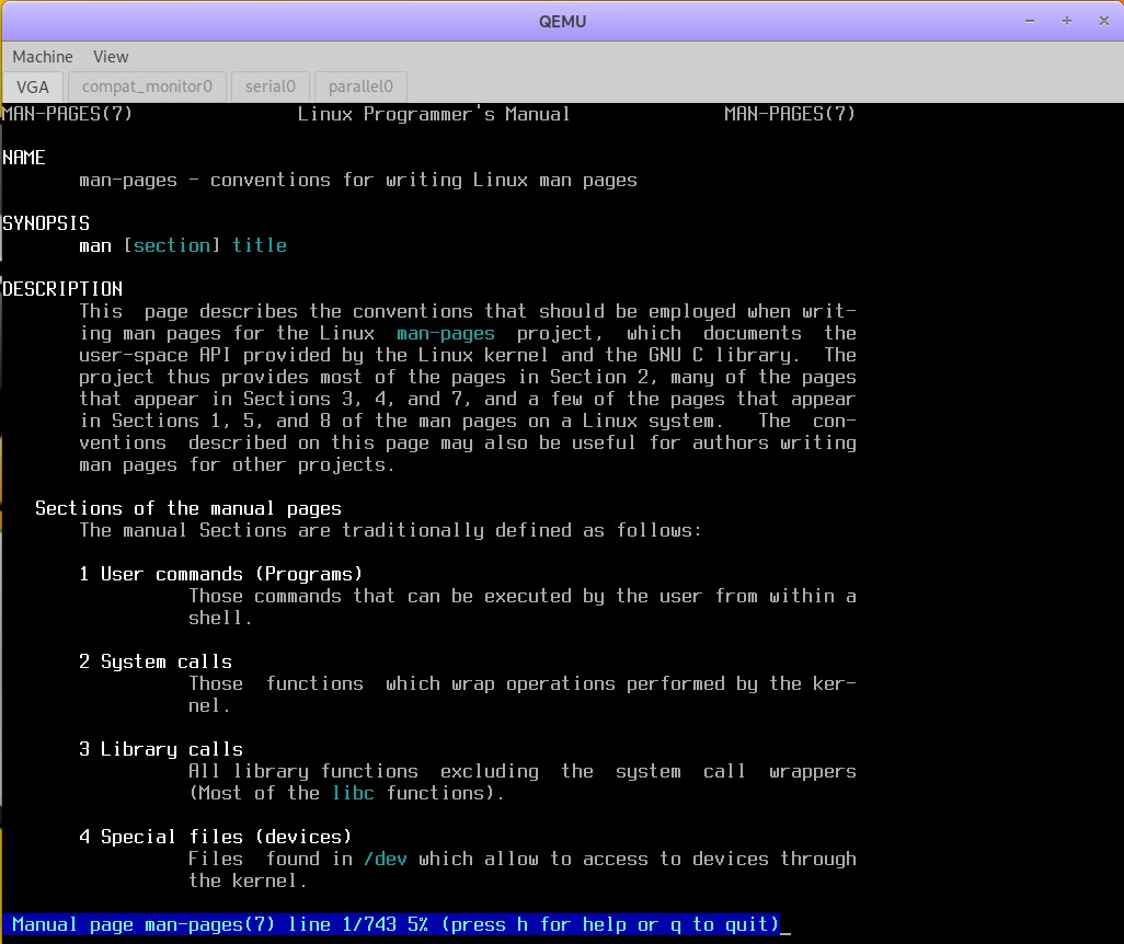 Screen capture of a custom color scheme for manual pages in a Linux console session.